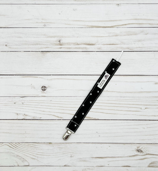 Black with White Plus Sign Pacifier Clip