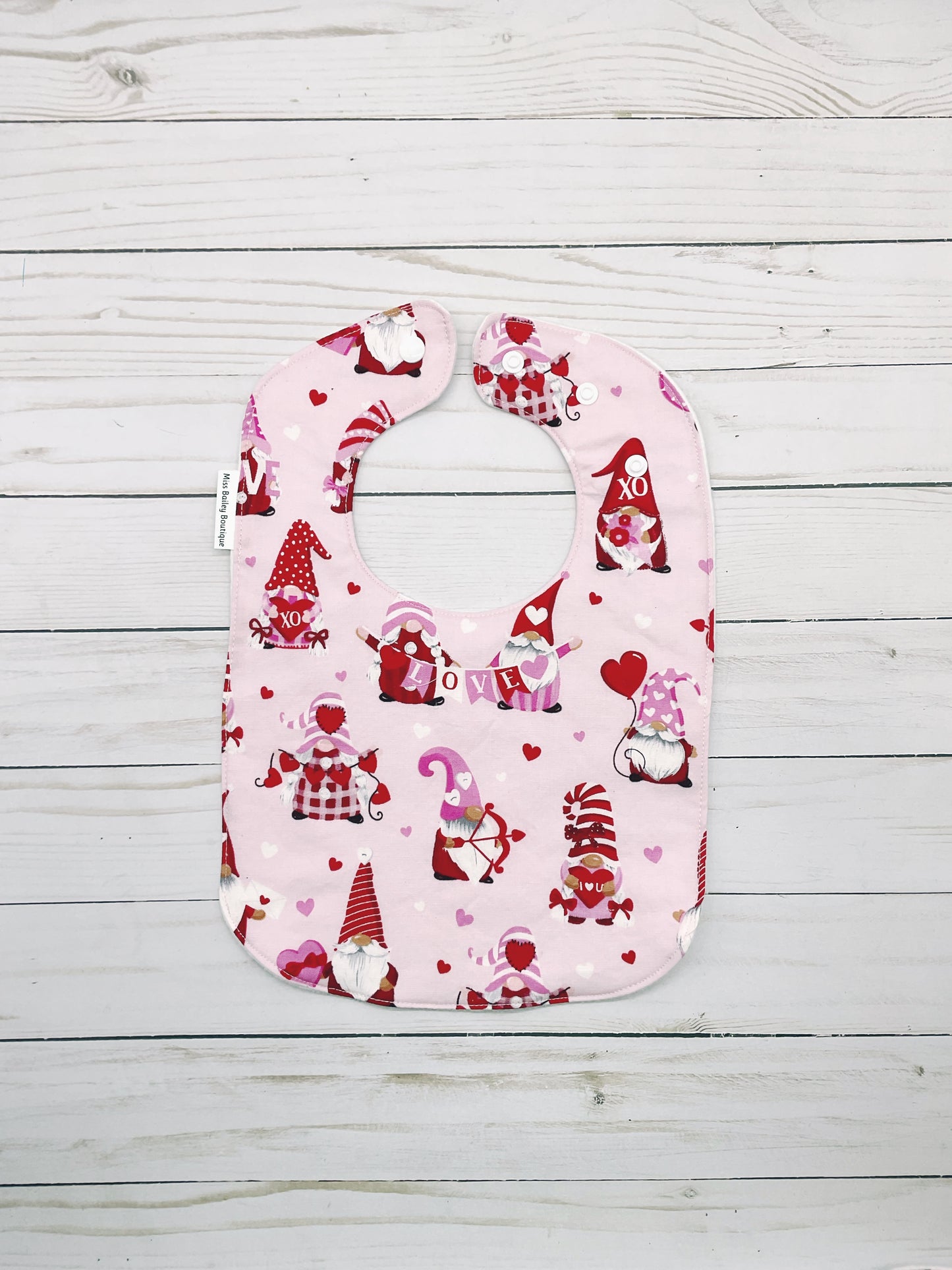 Large Gnomes on Pink Valentines Bib