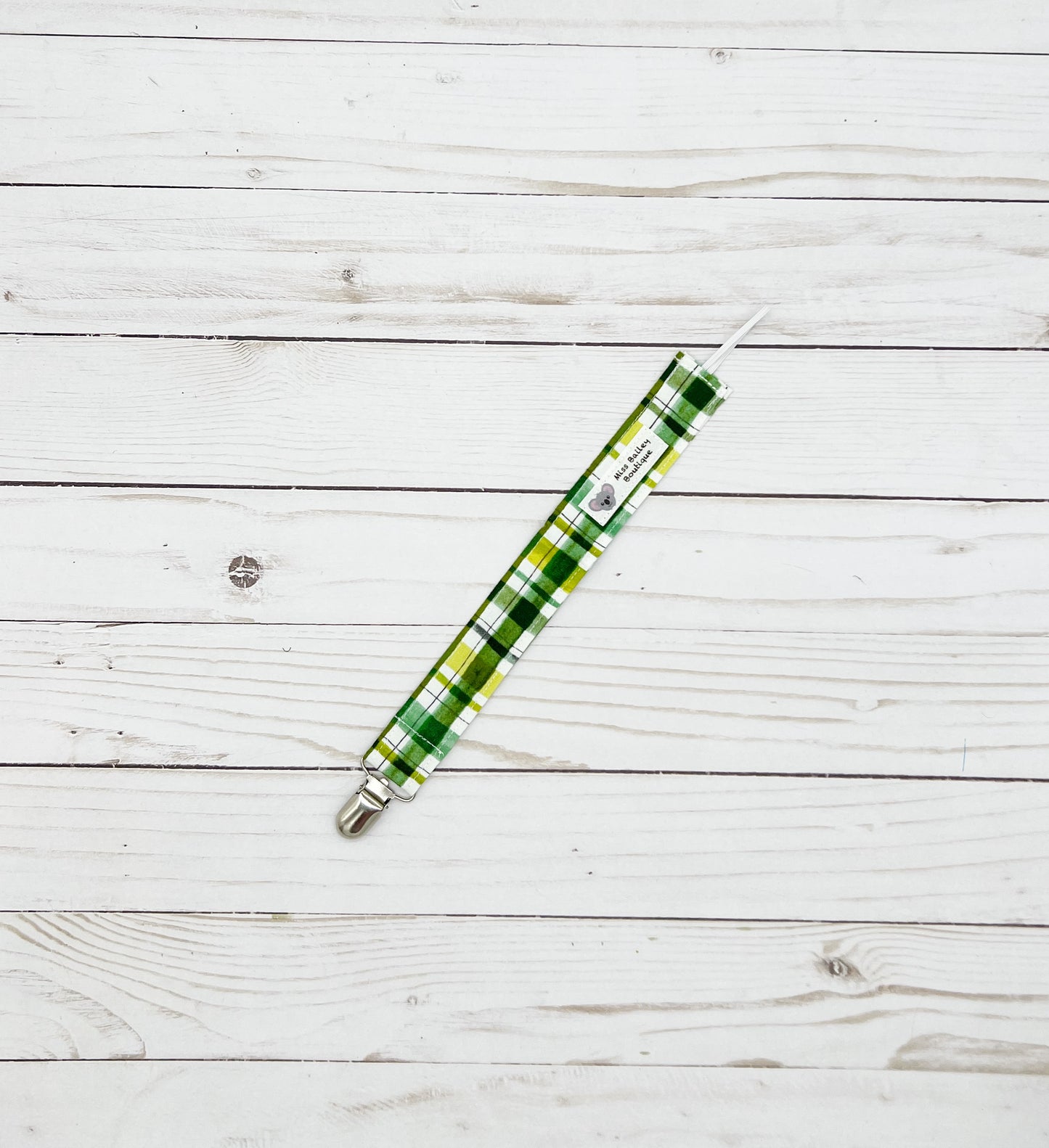 Green Plaid Pacifier Clip